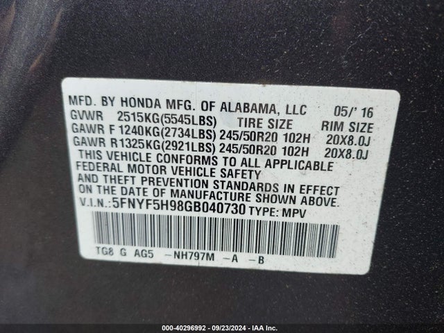 Honda Pilot Touring 2016 5FNYF5H98GB040730 Image 9