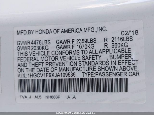 1HGCV1F9XJA109539 Honda Accord Touring