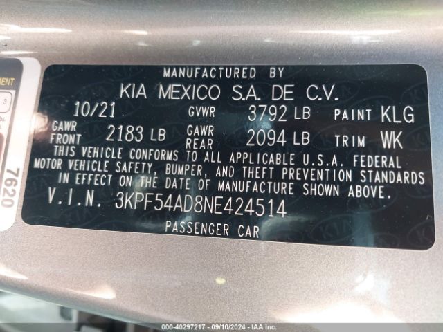 3KPF54AD8NE424514 KIA Forte Gt-line