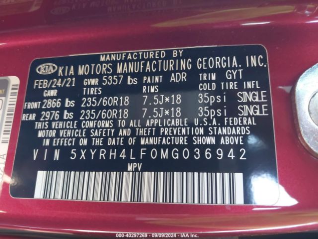 5XYRH4LF0MG036942 KIA SORENTO EX