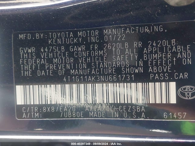 Toyota CAMRY SE 2022 4T1G11AK3NU661731 Image 9