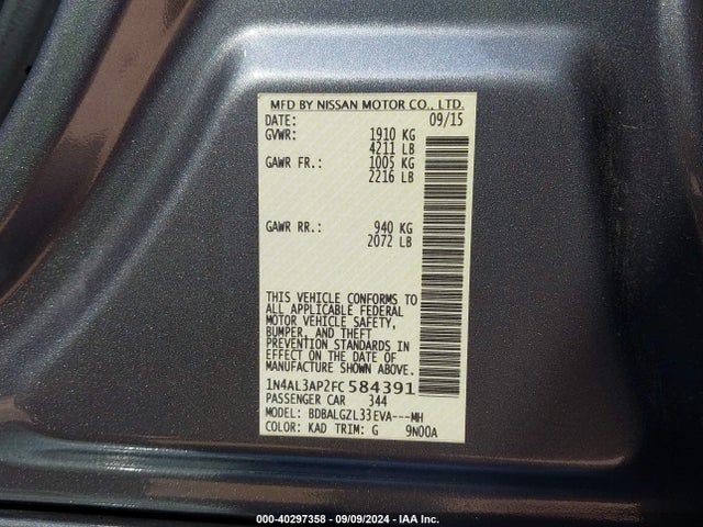 Nissan Altima 2.5 S 2015 1N4AL3AP2FC584391 Image 9