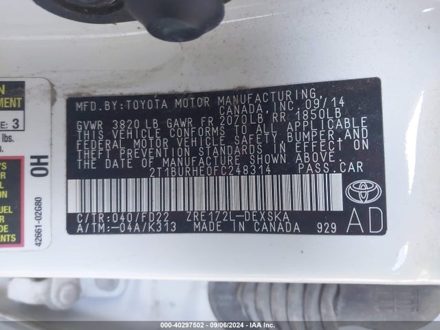 Toyota Corolla S Plus 2015 2T1BURHE0FC248314 Image 9