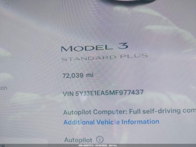 5YJ3E1EA5MF977437 Tesla Model 3 Standard Range Plus Rear-wheel Drive