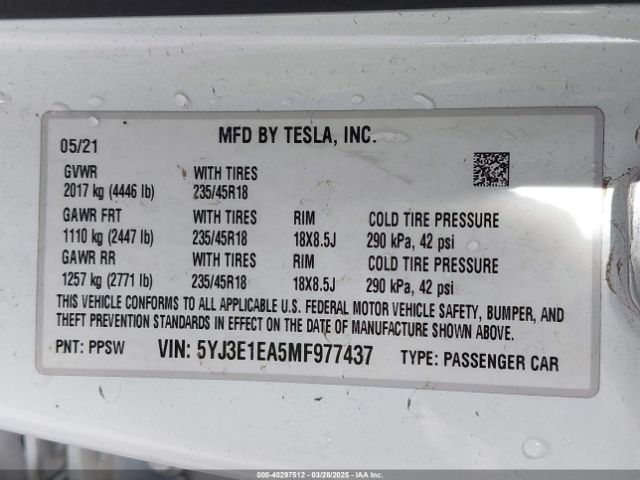 5YJ3E1EA5MF977437 Tesla Model 3 Standard Range Plus Rear-wheel Drive