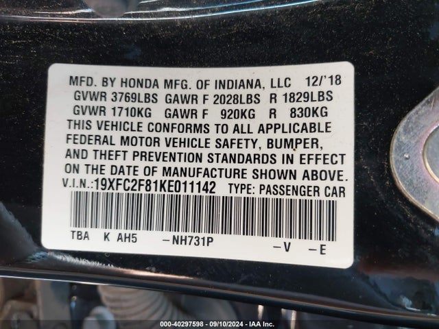 Honda Civic Sport 2019 19XFC2F81KE011142 Image 9