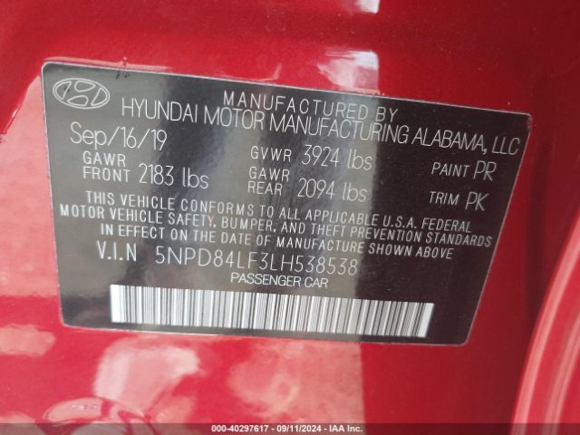 5NPD84LF3LH538538 Hyundai ELANTRA SEL