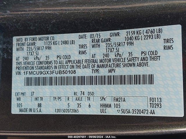 Ford ESCAPE SE 2015 1FMCU9GX3FUB50108 Image 9