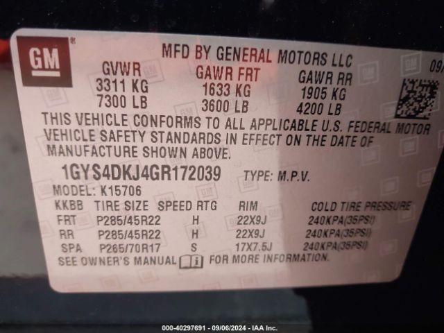 1GYS4DKJ4GR172039 Cadillac Escalade Platinum