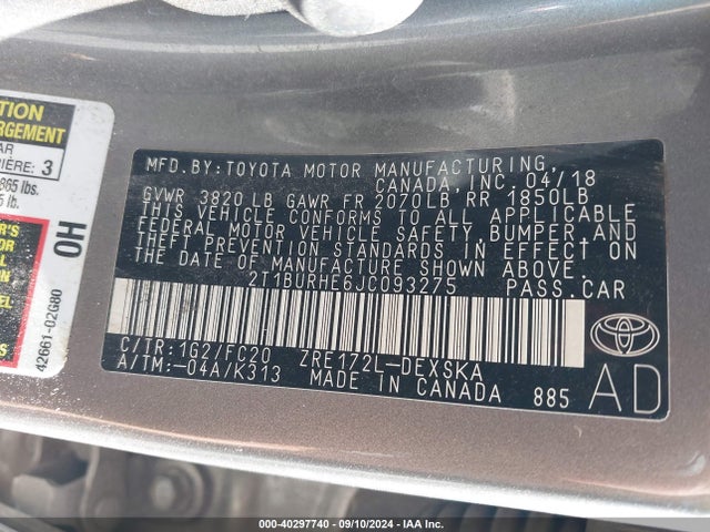 Toyota COROLLA SE 2018 2T1BURHE6JC093275 Image 9