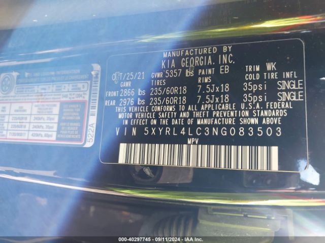 5XYRL4LC3NG083503 KIA SORENTO S