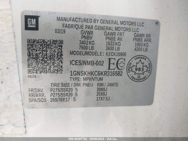 1GNSKHKC6KR316582 Chevrolet Suburban Lt