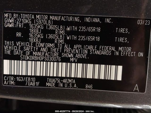 5TDKDRBH0PS030076 Toyota Highlander Xle