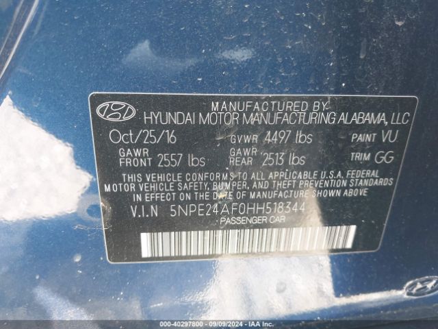 5NPE24AF0HH518344 Hyundai Sonata