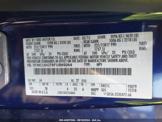 Ford ESCAPE SE 2015 1FMCU0G78FUB69264 Image 9