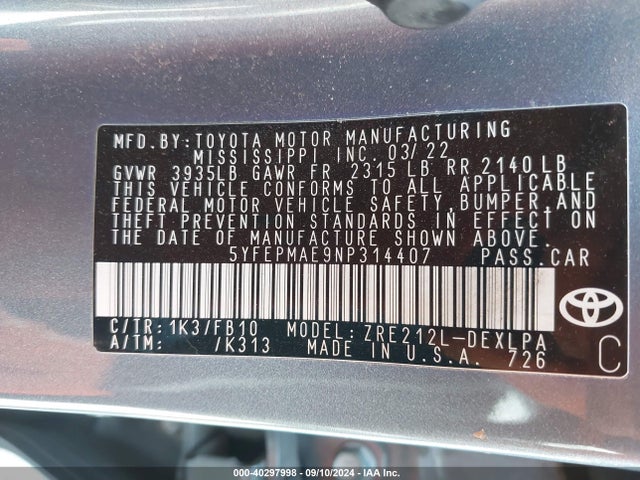 Toyota COROLLA LE 2022 5YFEPMAE9NP314407 Image 9