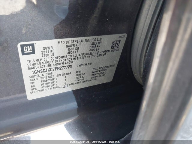 Chevrolet Suburban 1500 Lt 2015 1GNSCJKC7FR277723 Image 9