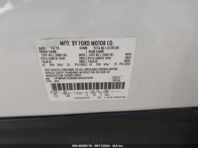 1FM5K7D88KGA22326 Ford EXPLORER XLT