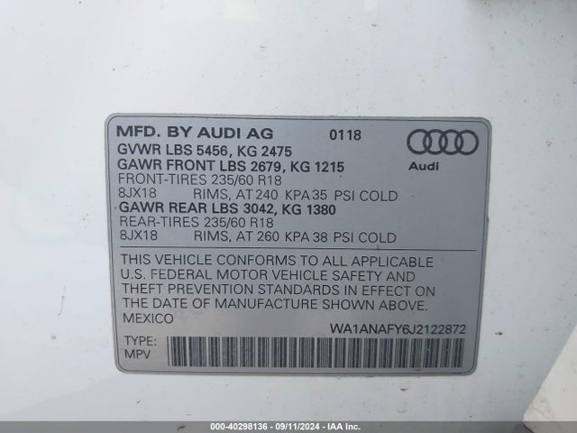 WA1ANAFY6J2122872 Audi Q5 2.0t Premium/2.0t Tech Premium