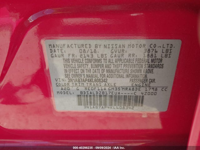 Nissan SENTRA SV 2019 3N1AB7AP4KL608342 Image 9