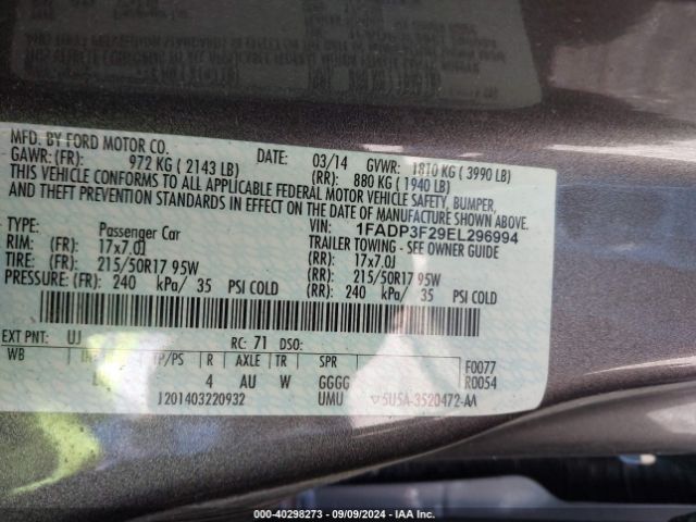 1FADP3F29EL296994 Ford FOCUS SE