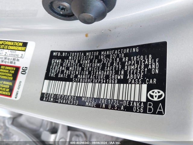 Toyota COROLLA LE 2019 5YFBURHEXKP941868 Image 9