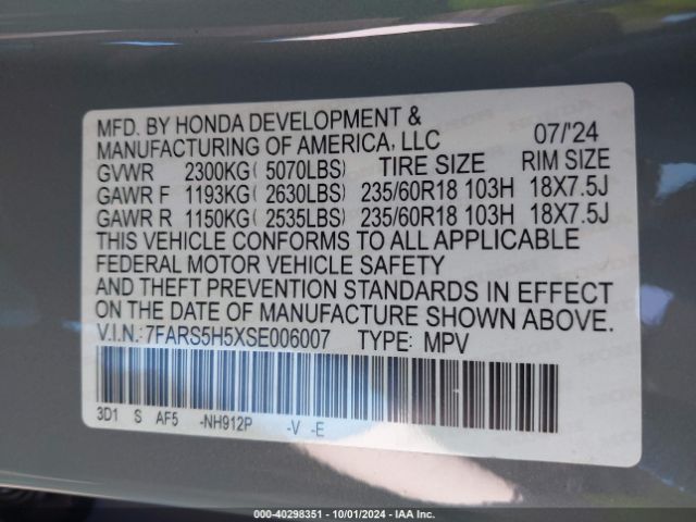 7FARS5H5XSE006007 Honda Cr-v Hybrid Sport