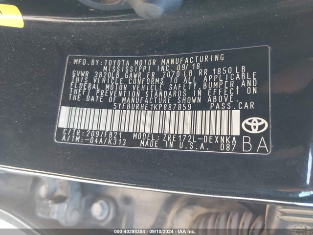 Toyota COROLLA LE 2019 5YFBURHE1KP887859 Image 9