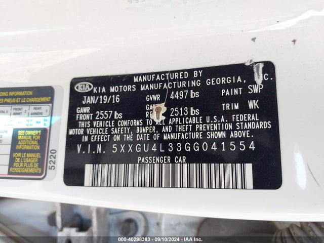 KIA OPTIMA EX 2016 5XXGU4L33GG041554 Image 9