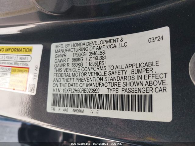 19XFL2H50RE023599 Honda Civic Lx