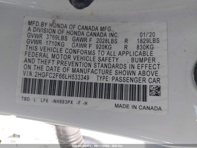 Honda Civic Lx 2020 2HGFC2F66LH533349 Image 9
