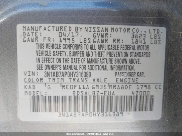 3N1AB7AP0HY316389 Nissan SENTRA S