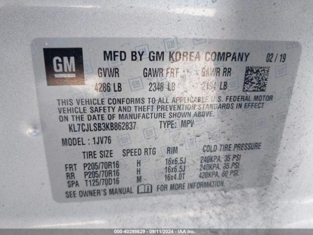 KL7CJLSB3KB862837 Chevrolet Trax Lt