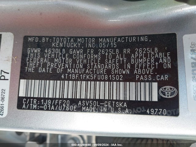 Toyota CAMRY SE 2015 4T1BF1FK5FU081502 Image 9