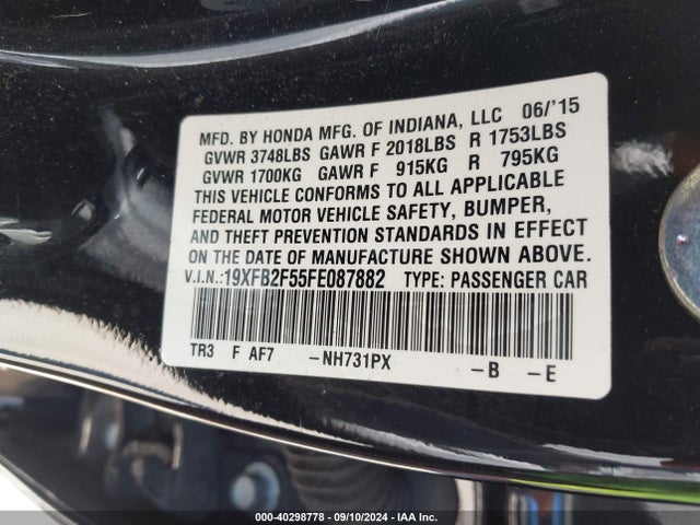 Honda Civic Lx 2015 19XFB2F55FE087882 Image 9