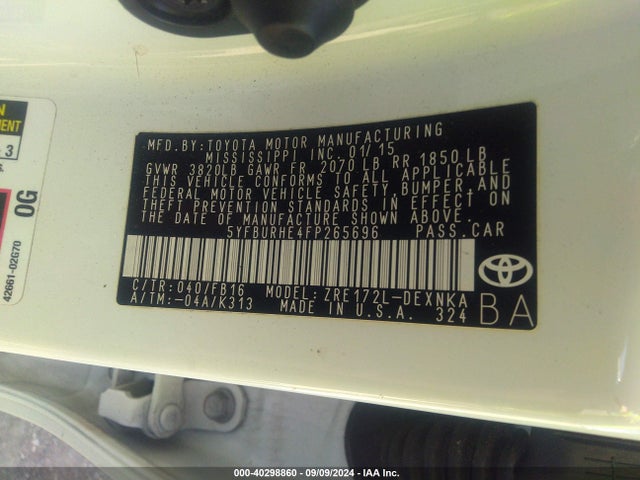 Toyota COROLLA LE 2015 5YFBURHE4FP265696 Image 9