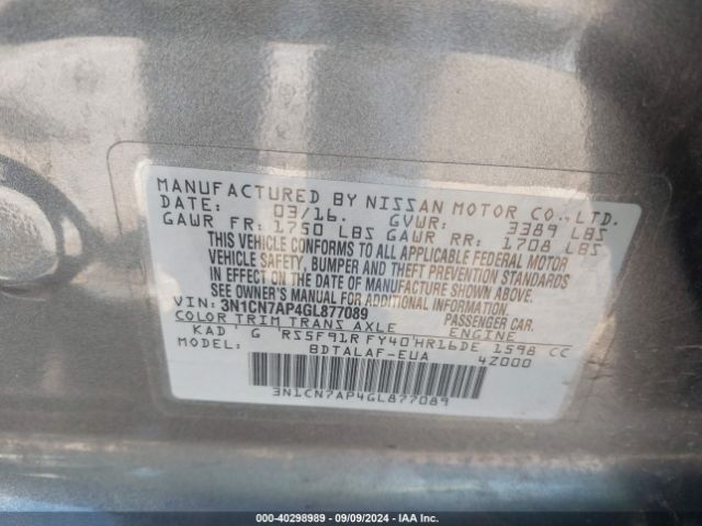 3N1CN7AP4GL877089 Nissan Versa 1.6 S