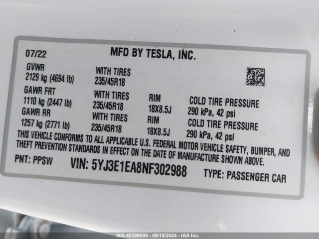 2022 TESLA MODEL 3 5YJ3E1EA8NF302988 Photo 8