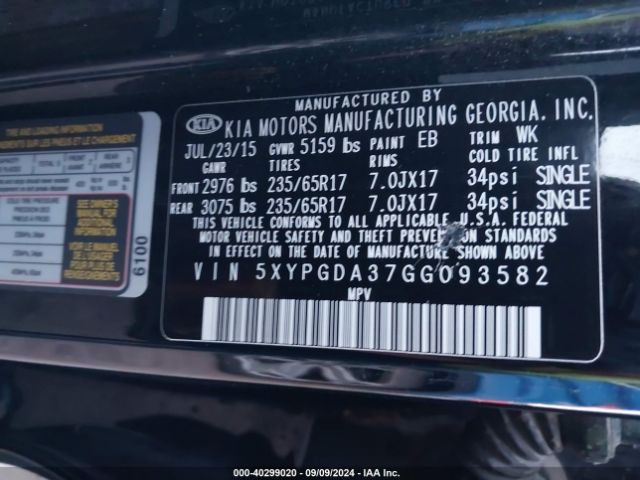 5XYPGDA37GG093582 KIA Sorento 2.4l Lx