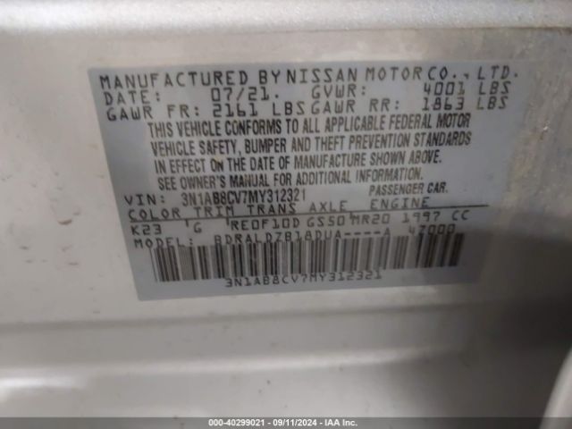 3N1AB8CV7MY312321 Nissan Sentra Sv Xtronic Cvt