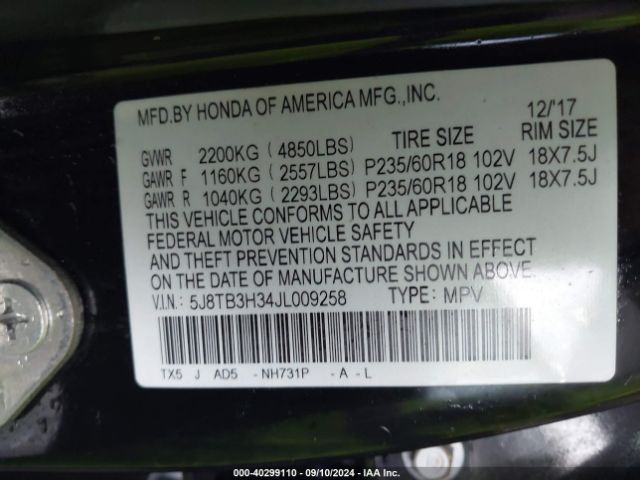 5J8TB3H34JL009258 Acura Rdx Acurawatch Plus Package