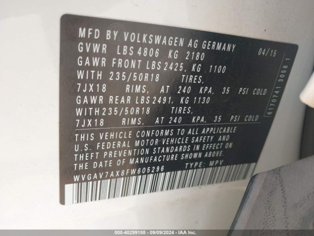 WVGAV7AX8FW605296 Volkswagen TIGUAN SE