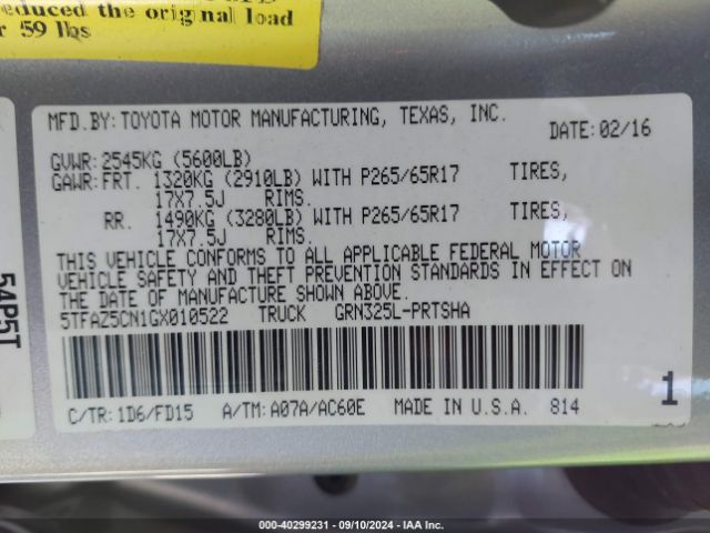 5TFAZ5CN1GX010522 Toyota Tacoma Trd Sport