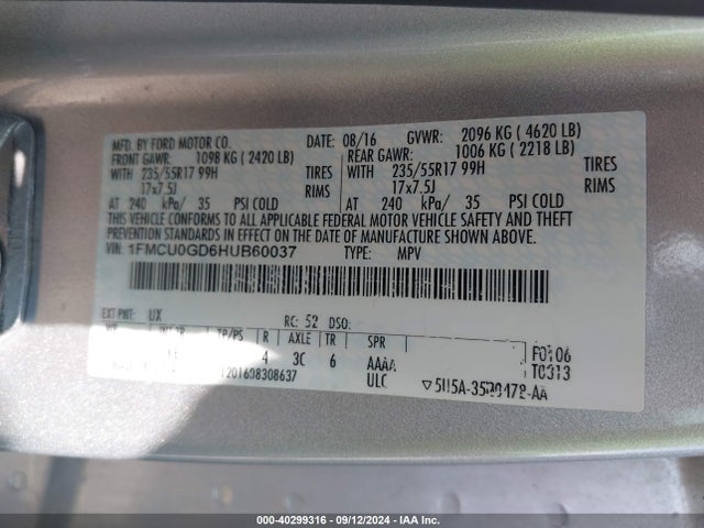 Ford ESCAPE SE 2017 1FMCU0GD6HUB60037 Image 9