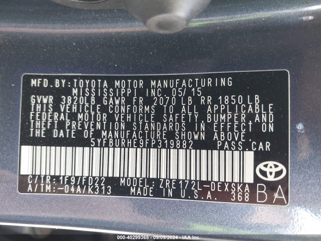 Toyota Corolla S Plus 2015 5YFBURHE9FP319882 Image 9