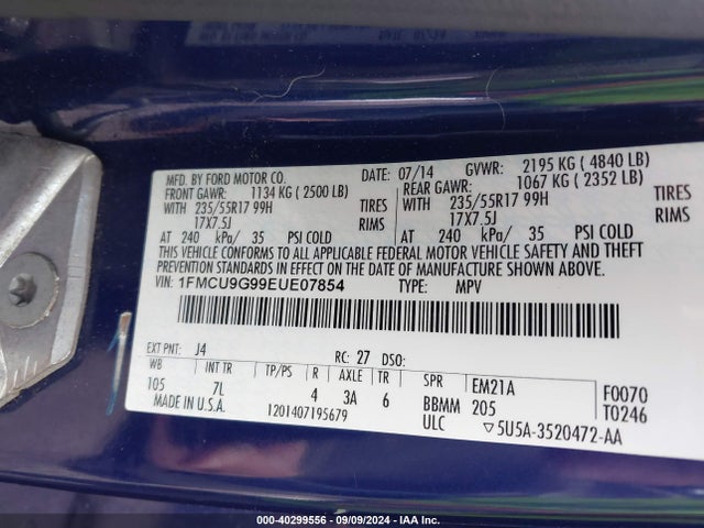 Ford ESCAPE SE 2014 1FMCU9G99EUE07854 Image 9