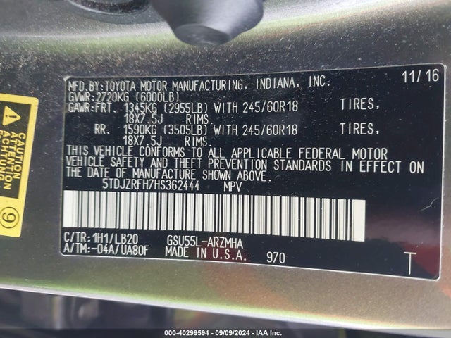 Toyota Highlander Xle 2017 5TDJZRFH7HS362444 Image 9