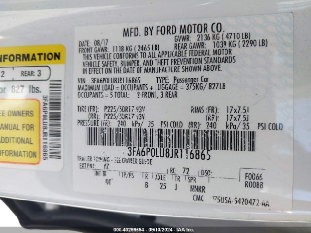 3FA6P0LU8JR116865 Ford Fusion Hybrid Se