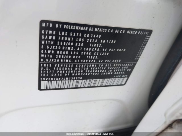 3VV2B7AX7LM136636 Volkswagen Tiguan 2.0t Se/2.0t Se R-line Black/2.0t Sel