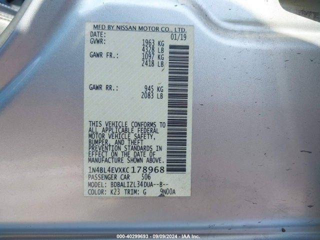 Nissan Altima 2.5 Sl 2019 1N4BL4EVXKC178968 Image 9